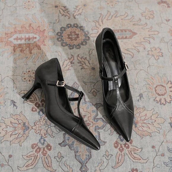 🆕Women Black Formal Leather Kitten Heel Pumps Toe Ankle Strap Stiletto Shoes - Picture 7 of 7